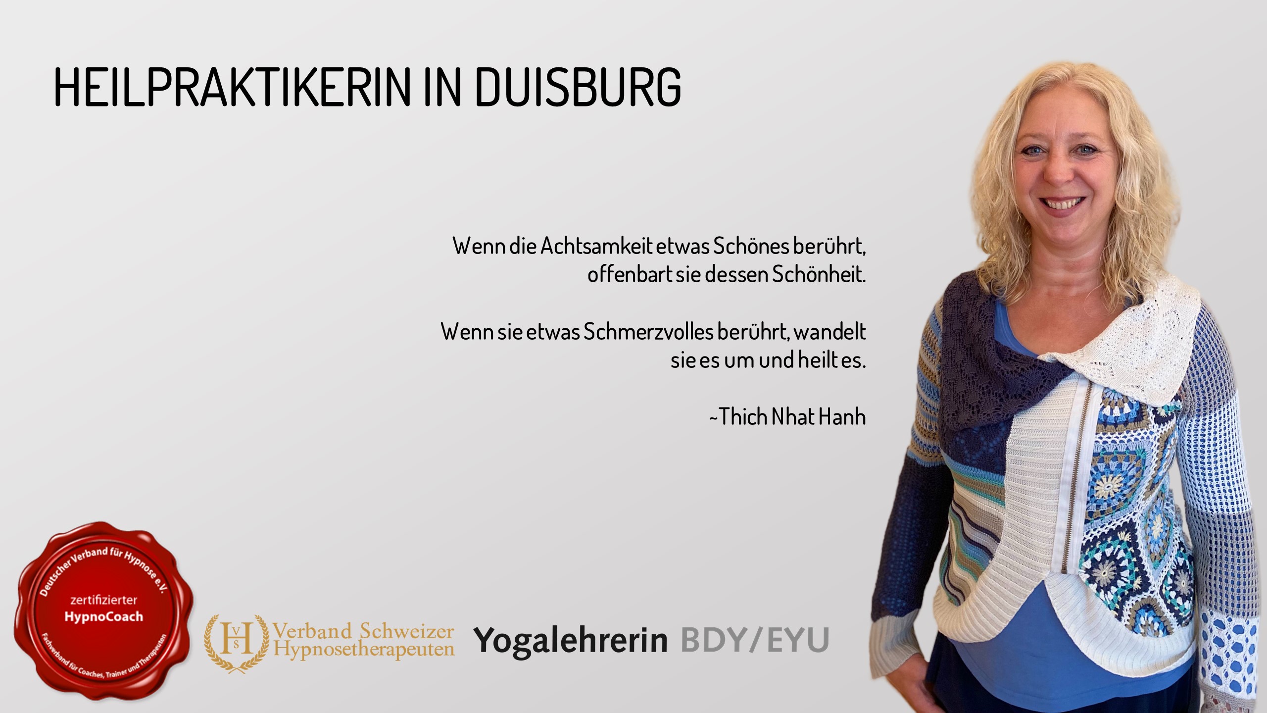 Heilpraktikerin in Duisburg. Deutscher Verband für Hypnose. Verband Schweizer Hypnosetherapeuten. Yogalehrerin. Anja Schütz